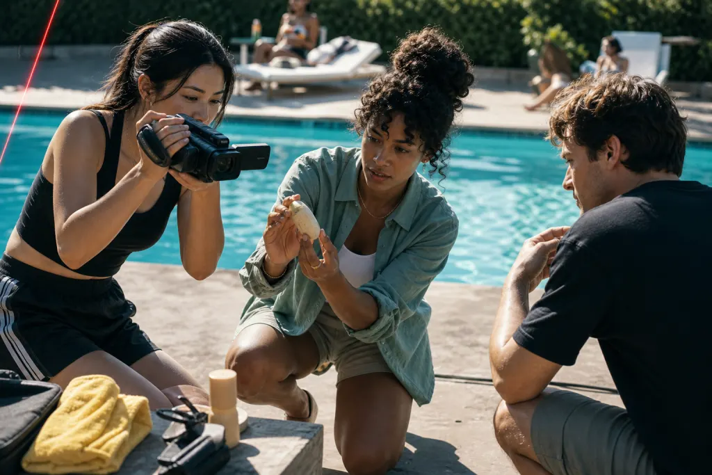 Creators filming product content together beside a pool
